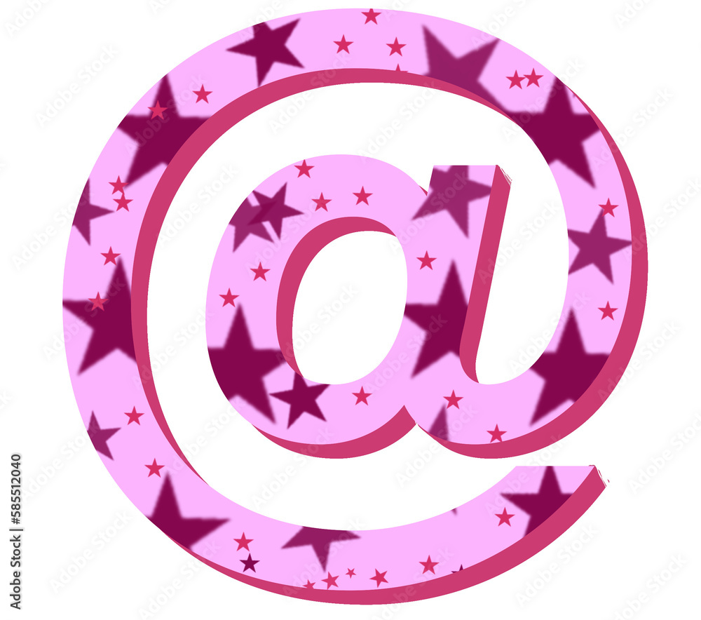 At - @ - font symbol - pink color with stars - png file - with a transparent background for designer use.  Isolated from the front.  ideal for website, email, presentation, advertisement, image	 - obrazy, fototapety, plakaty 