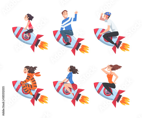 Man and Woman Flying on Space Rocket Moving Upward Vector Set