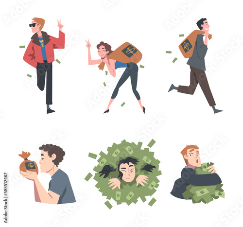 Happy Rich Man and Woman with Pile of Dollar Banknote Vector Set