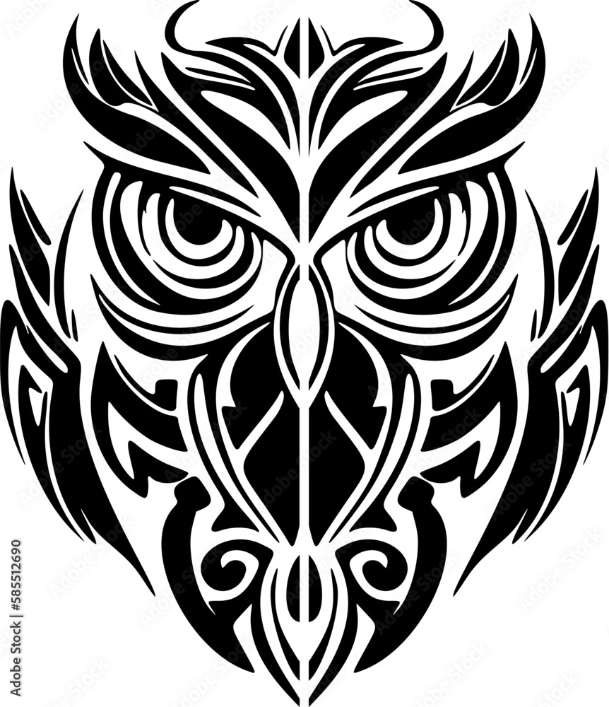 ﻿Tattoo featuring a black and white owl accented with Polynesian patterns.