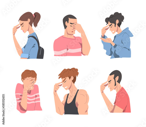 Disappointed Young Man and Woman Trying to Remember Something Feeling Frustration About Forgetting Things Vector Set