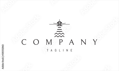 Vector logo with an abstract image of a lighthouse with rays of light and waves at the base.