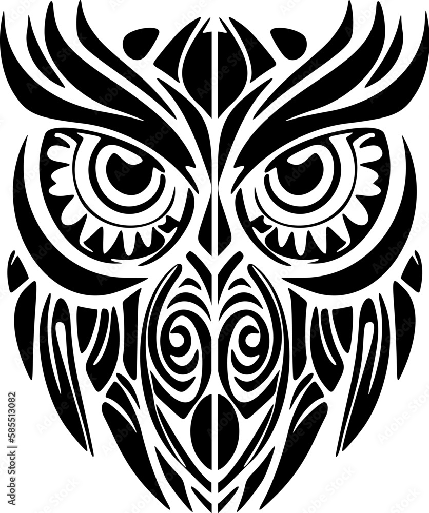 ﻿Tattoo of an owl in B&W with Polynesian designs.