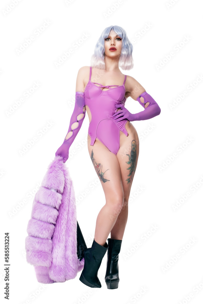 Sexy Woman In Short Fur Jacket and Purple Leotard Sexy Woman In Short Fur Jacket and Purple Leotard