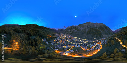 Seamless spherical HDRI aerial panorama 360 degrees for VR virtual reality of Zermatt city Valley ski resort and Matterhorn at night in Swiss alps, Switzerland in autumn. Landscape travel destination.
