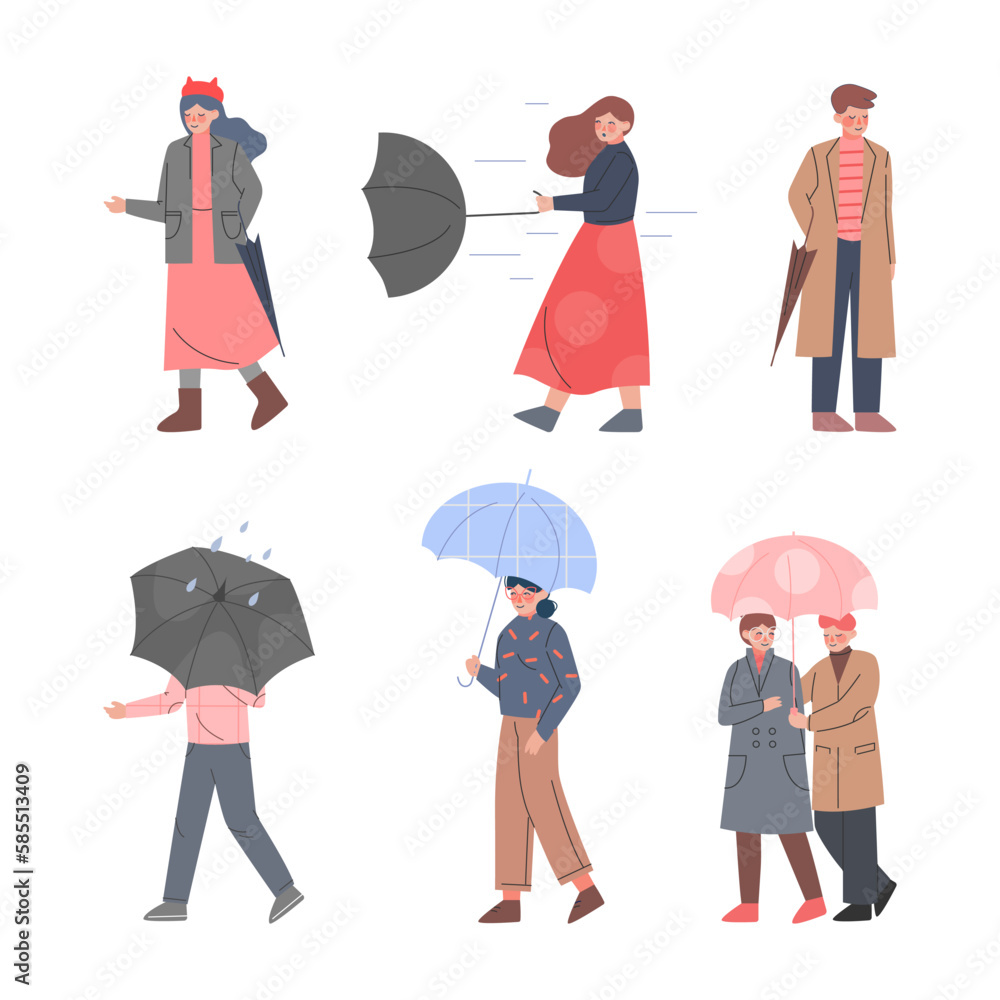 People Characters Holding Umbrella Walking in Rainy Day Vector Set