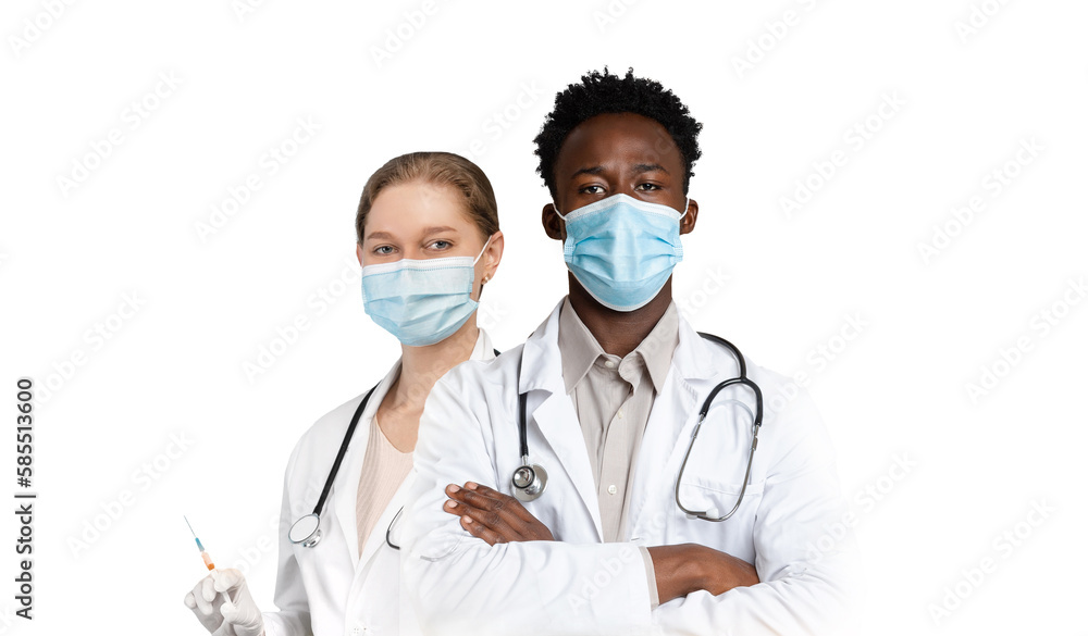 Medicine and healthcare concept. Male and female doctor wearing masks and uniform Medicine and healthcare concept. Male and female doctor wearing masks and uniform