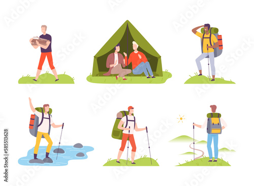 Young Man with Backpack Camping Engaged in Hiking and Trekking Adventure Vector Illustration Set