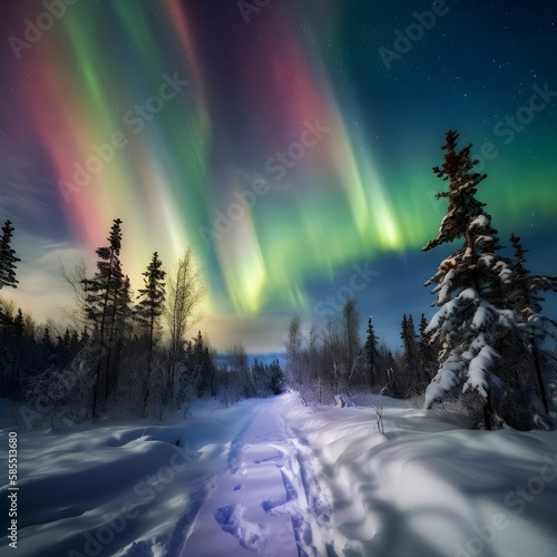 the far north in deep winter with northern lights shining brightly