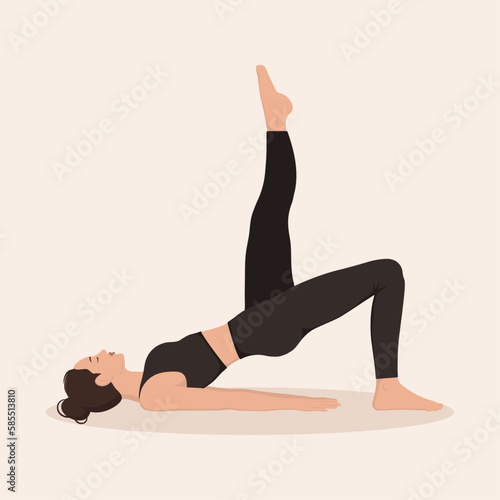Young woman perfoming  Bridge Pose Variation Bound Hands, one Leg up and demonstrating yoga asana Setubandha Sarvangasana Variation Baddha Hasta on light background. Flat vector illustration.