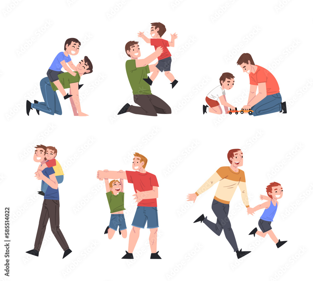 Father and Kid as Man Happy Dad Playing with Son Vector Set Father and Kid as Man Happy Dad Playing with Son Vector Set