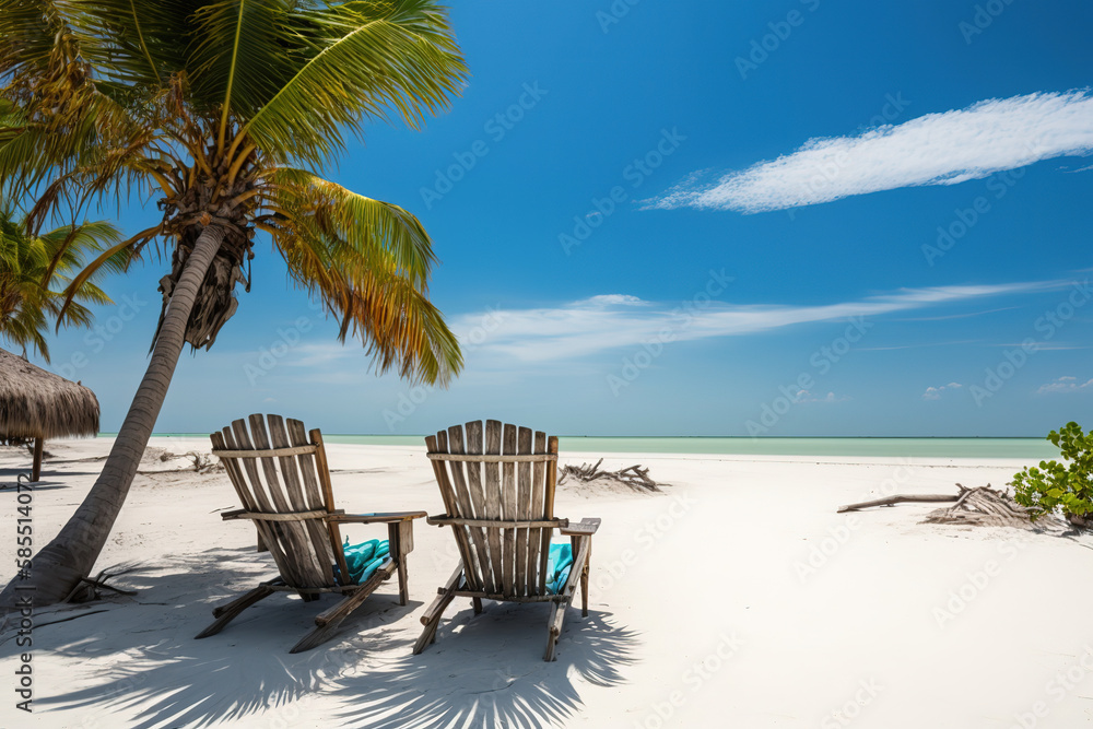 a couple of lounge chairs sitting on top of a sandy beach, palm trees on the beach, generative ai illustration 