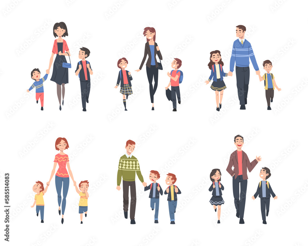 Father and Mother Walking with Kid Carrying Backpack Leading to School Vector Set