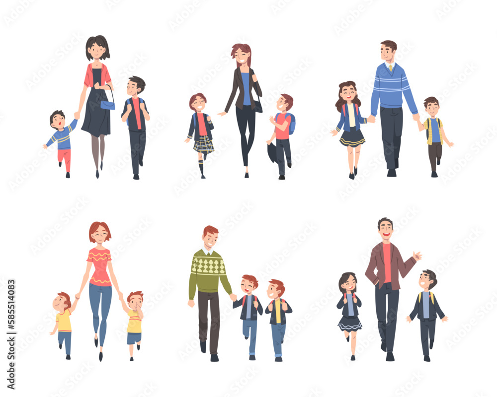 Father and Mother Walking with Kid Carrying Backpack Leading to School Vector Set Father and Mother Walking with Kid Carrying Backpack Leading to School Vector Set