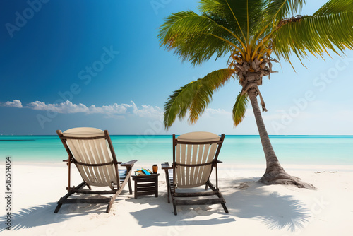 a couple of lounge chairs sitting on top of a sandy beach  palm trees on the beach  generative ai illustration 