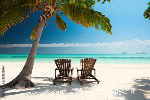 a couple of lounge chairs sitting on top of a sandy beach, palm trees on the beach, generative ai illustration 