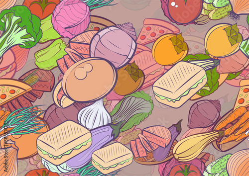 Background pattern abstract design texture. Seamless. American food and Health food. Theme is about garlic head, washed, sausage, hot peppers, heads, peel, bitter, vitamin C, pimples, bakery products