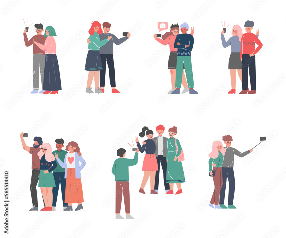 People Characters Taking Photos Selfie with Smartphone Vector Set