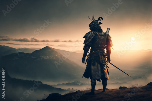 a samurai standing at sunset, generative ai photo