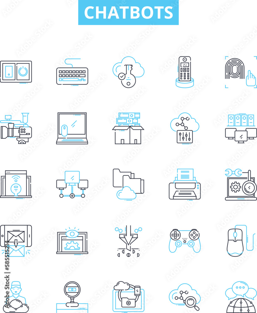 Chatbots vector line icons set. Chatbots, AI, Automation, Dialogue, Conversational, Virtual, NLP illustration outline concept symbols and signs Chatbots vector line icons set. Chatbots, AI, Automation, Dialogue, Conversational, Virtual, NLP illustration outline concept symbols and signs