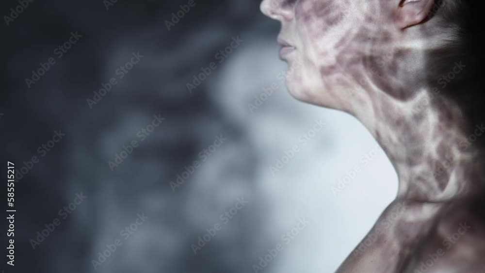 Tranquil woman. Double exposure portrait. Lost feelings. Female silhouette posing dark shadow water splashes lights smoky overlay background copy space. Tranquil woman. Double exposure portrait. Lost feelings. Female silhouette posing dark shadow water splashes lights smoky overlay background copy space.