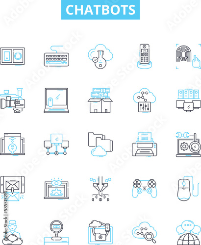 Chatbots vector line icons set. Chatbots, AI, Automation, Dialogue, Conversational, Virtual, NLP illustration outline concept symbols and signs