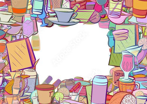Background pattern abstract design texture. Japanese food and Drinks. Border frame, transparent background. Theme is about hot drink, bottle, beer, sauce cup, roll salmon, water bottles