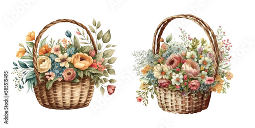 Wicker basket with flowers Victorian style. Watercolor