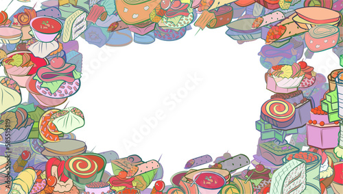 Background pattern abstract design texture. Snacks. Border frame, transparent background. Theme is about sandwich, bacon, cheese, Khinkali, stick, cucumber, marshmallows, cherry, twisted