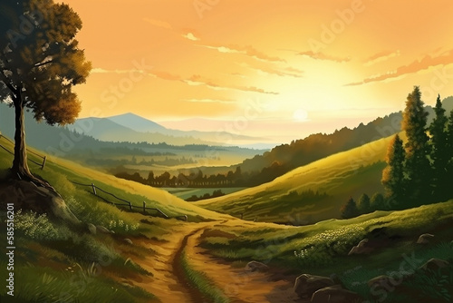 Sunset over the hills. Simple flat cartoon illustration created with generative ai teachnology