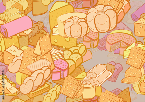 Background pattern abstract design texture. Seamless. Cheeses and Bakery products. Theme is about saturated with filling, big, cheesecake, hard cheese, pancakes, briquette, waffles, common