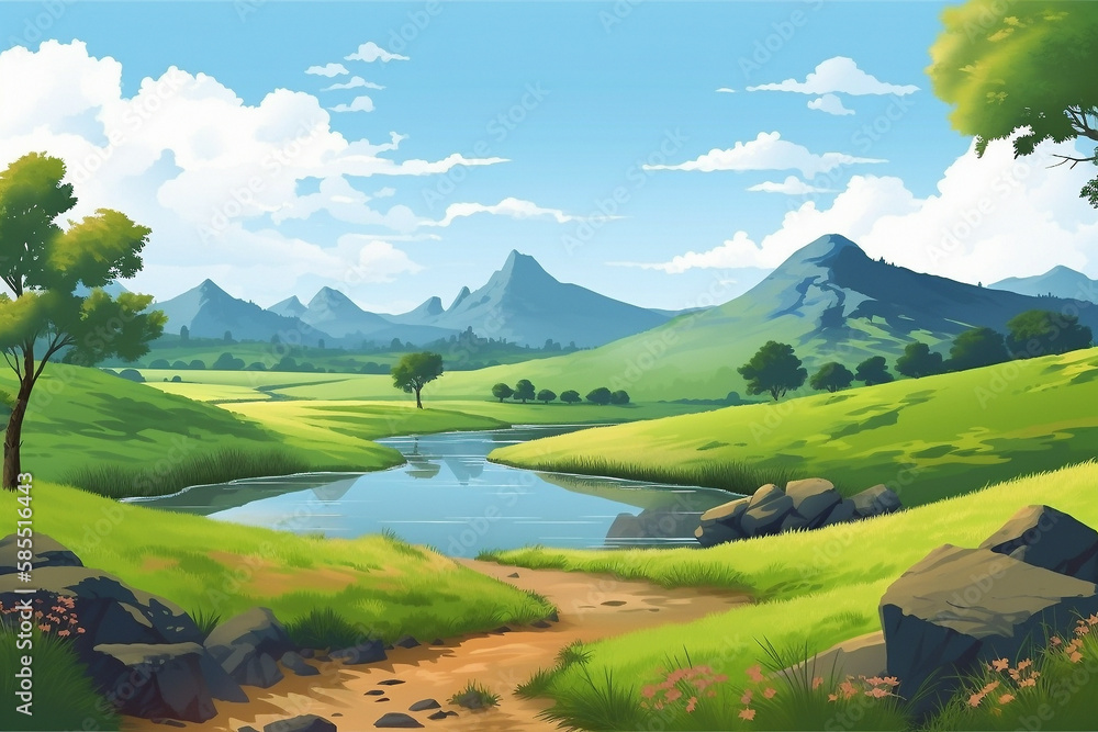 Landscape with mountains and river. Simple flat cartoon illustration created with generative ai teachnology Landscape with mountains and river. Simple flat cartoon illustration created with generative ai teachnology