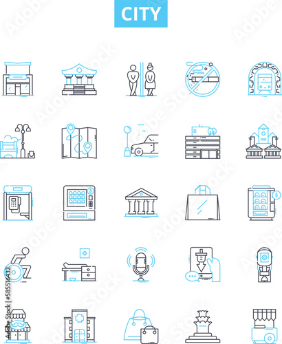 City vector line icons set. Town, Municipality, Metropolis, Urban, Borough, Hamlet, Village illustration outline concept symbols and signs