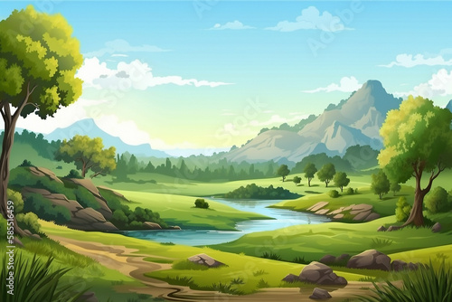 Landscape with mountains and river. Simple flat cartoon illustration created with generative ai teachnology