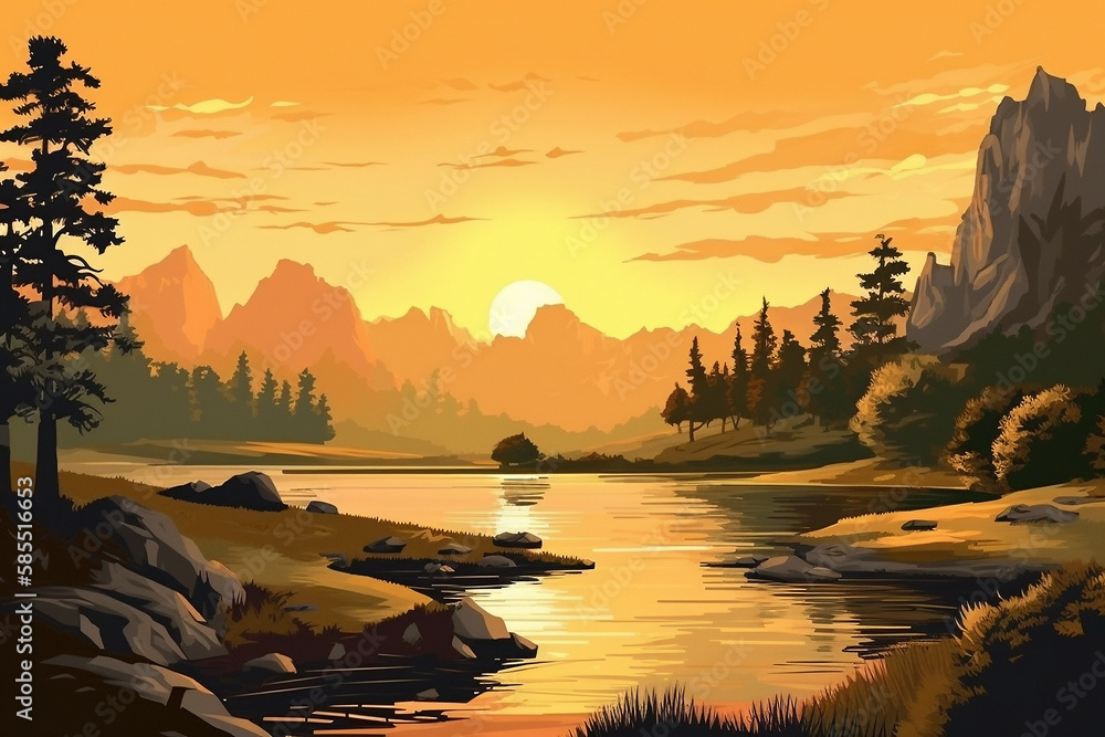 Autumn sunset on the river. Simple flat cartoon illustration created with generative ai technology