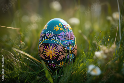 Painted Easter egg on grass. Generative AI