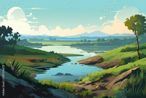 Beautiful landscape with lake and green fields. Simple flat cartoon illustration created with generative ai technology