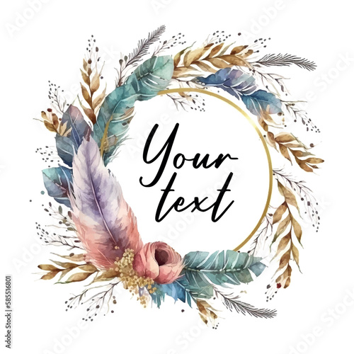 Frame Feathers. Vintage wreath border in boho style. Watercolor vector Logo