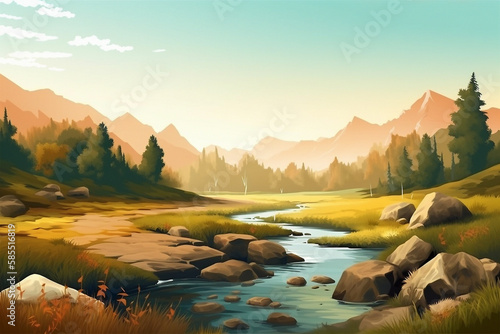 Beautiful woodland landscape. Simple flat cartoon illustration created with generative ai technology