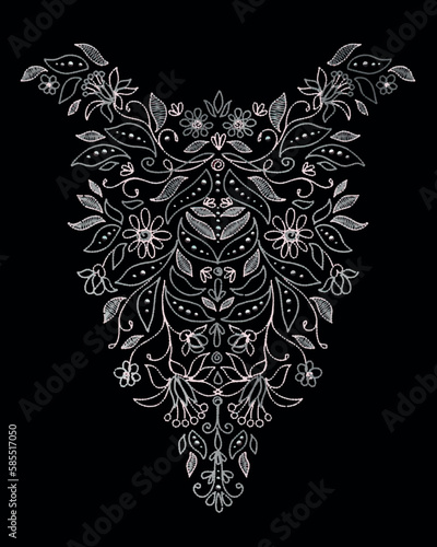 Fashionable neck embroidery design. Machine embroidery pattern design. Print placement for Women's T-shirt. You can use silver foil, rhinestone, Sequins, beads, 