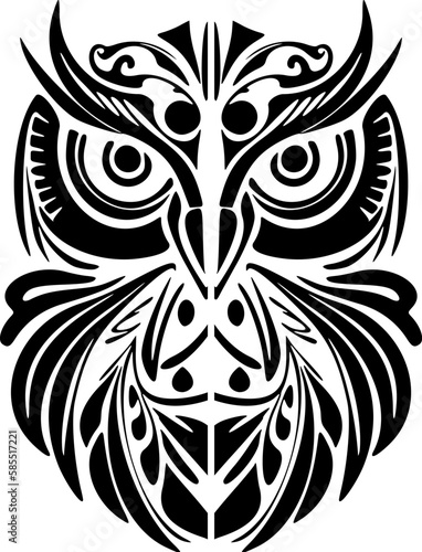 ﻿Owl tattoo in black and white with Polynesian designs.