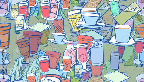 Background pattern abstract design texture. Seamless. Table setting and Drinks. Theme is about cocktail, drinking straw, compote, thread, napkin, bottle, table set, Cup, napkins, holes, bubbles