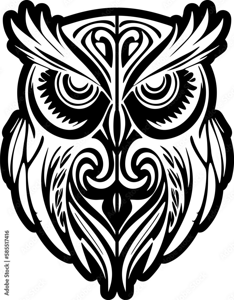 ﻿Owl tattoo design featuring black and white, and intricate Polynesian patterns.