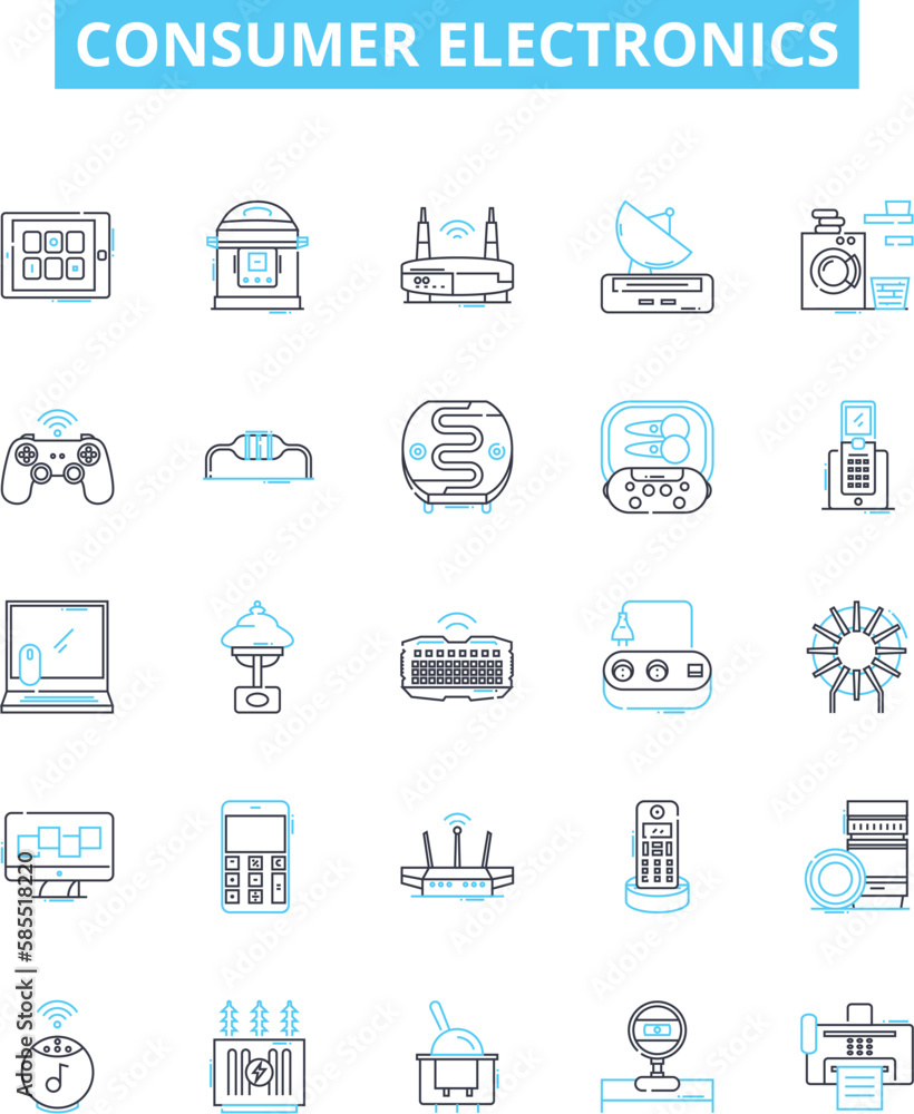 Consumer electronics vector line icons set. Electronics, Consumer, TVs, Radios, Stereos, Cameras, Computers illustration outline concept symbols and signs Consumer electronics vector line icons set. Electronics, Consumer, TVs, Radios, Stereos, Cameras, Computers illustration outline concept symbols and signs