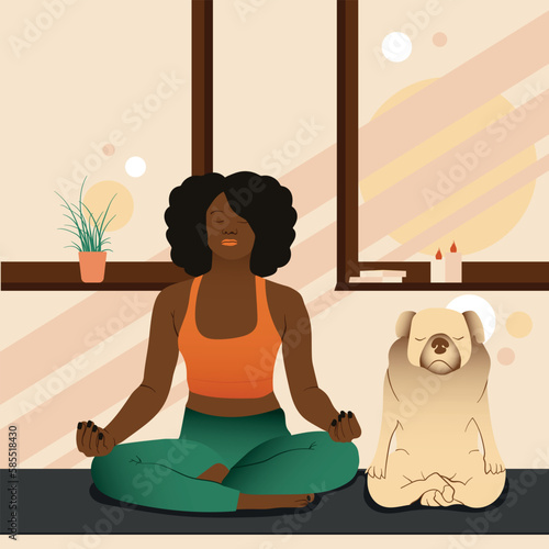 Women doing yoga with her dog flat vector illustration
