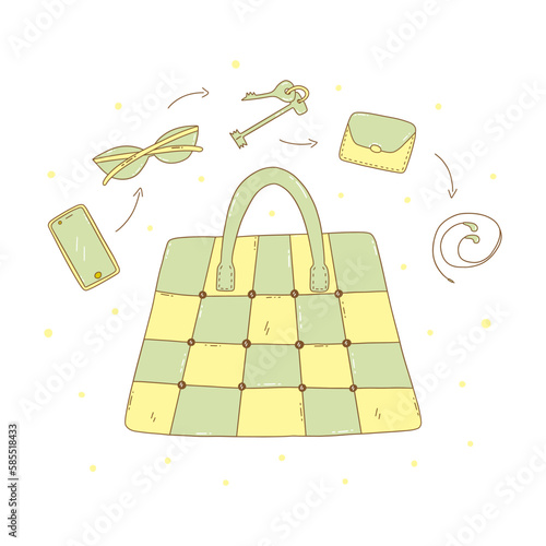 Womens roomy patchwork tote bag and things from it. Headphones and phone, wallet and keys, sunglasses. Green and yellow colors. Colorful vector isolated illustration hand drawn with contour