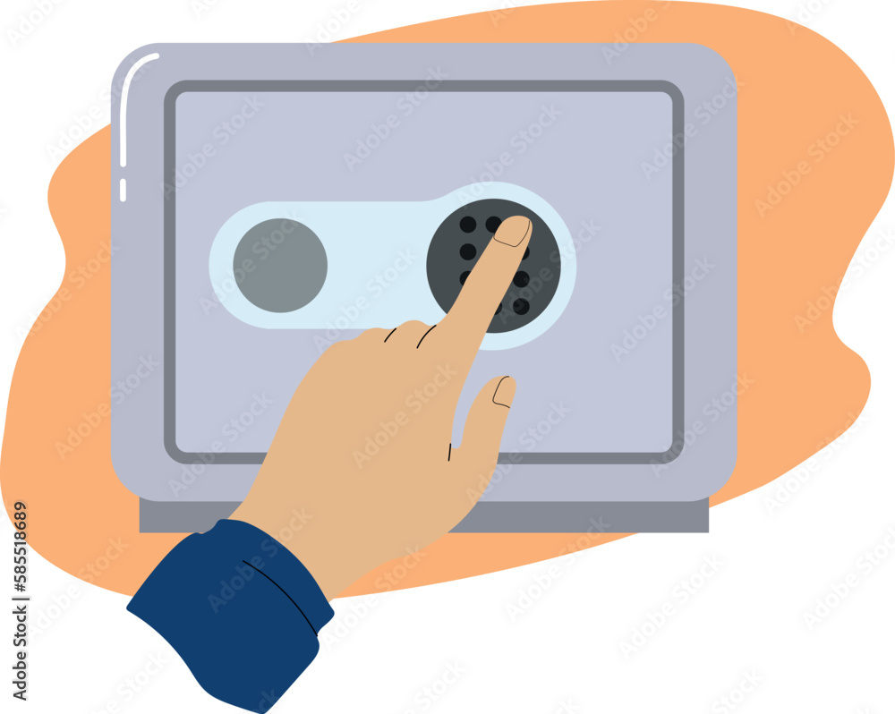 Vector concept of financial security. The hand is typing the password to the safe Vector concept of financial security. The hand is typing the password to the safe