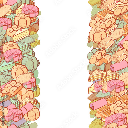 Background pattern abstract design texture. Bakery products. Vertical seamless stripes. Border frame, transparent background. Theme is about piece, cherry, sennit, sandwich, a stack, dissected