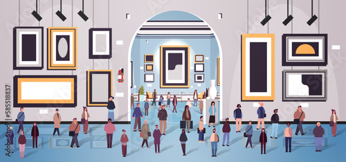 multiethnic people group mix race men women crowd in modern art gallery or museum