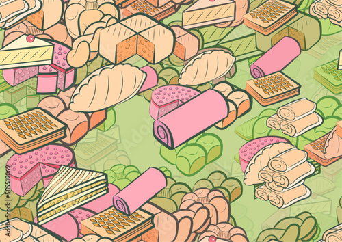 Background pattern abstract design texture. Seamless. Bakery products. Theme is about bread, pie, biscuit, fried, piece, cut, round, strudel, sennit, cheesecake, pancakes, cake, twist, bakery
